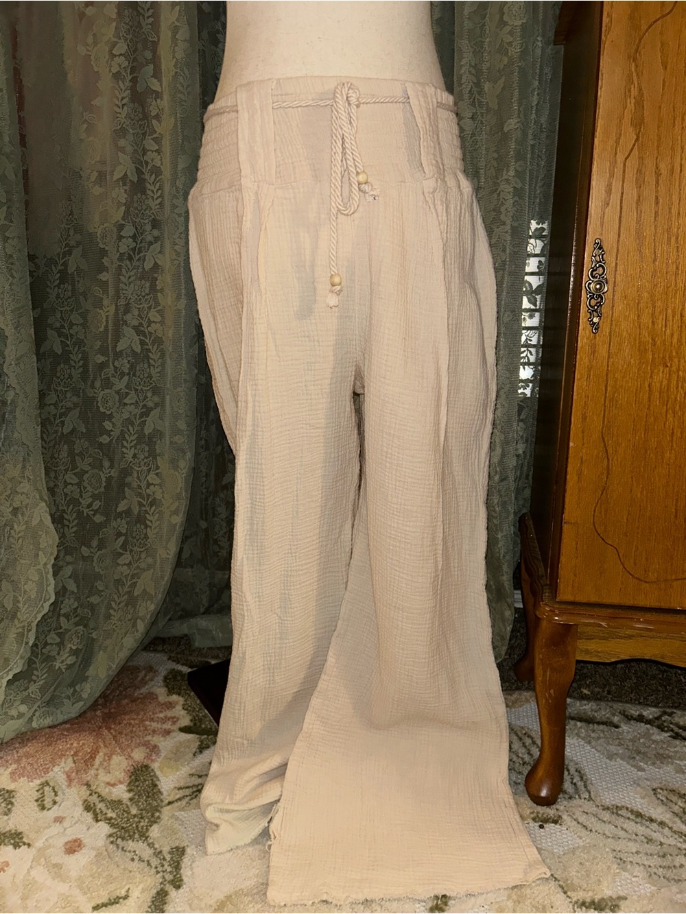 100% Cotton Light Tan Beige Gauze Wide-Leg Drawstring Beach Swim Cover Up Pants